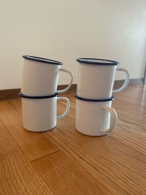 Falcon Enamel White Camping Mugs with Blue Rim - Set of 4